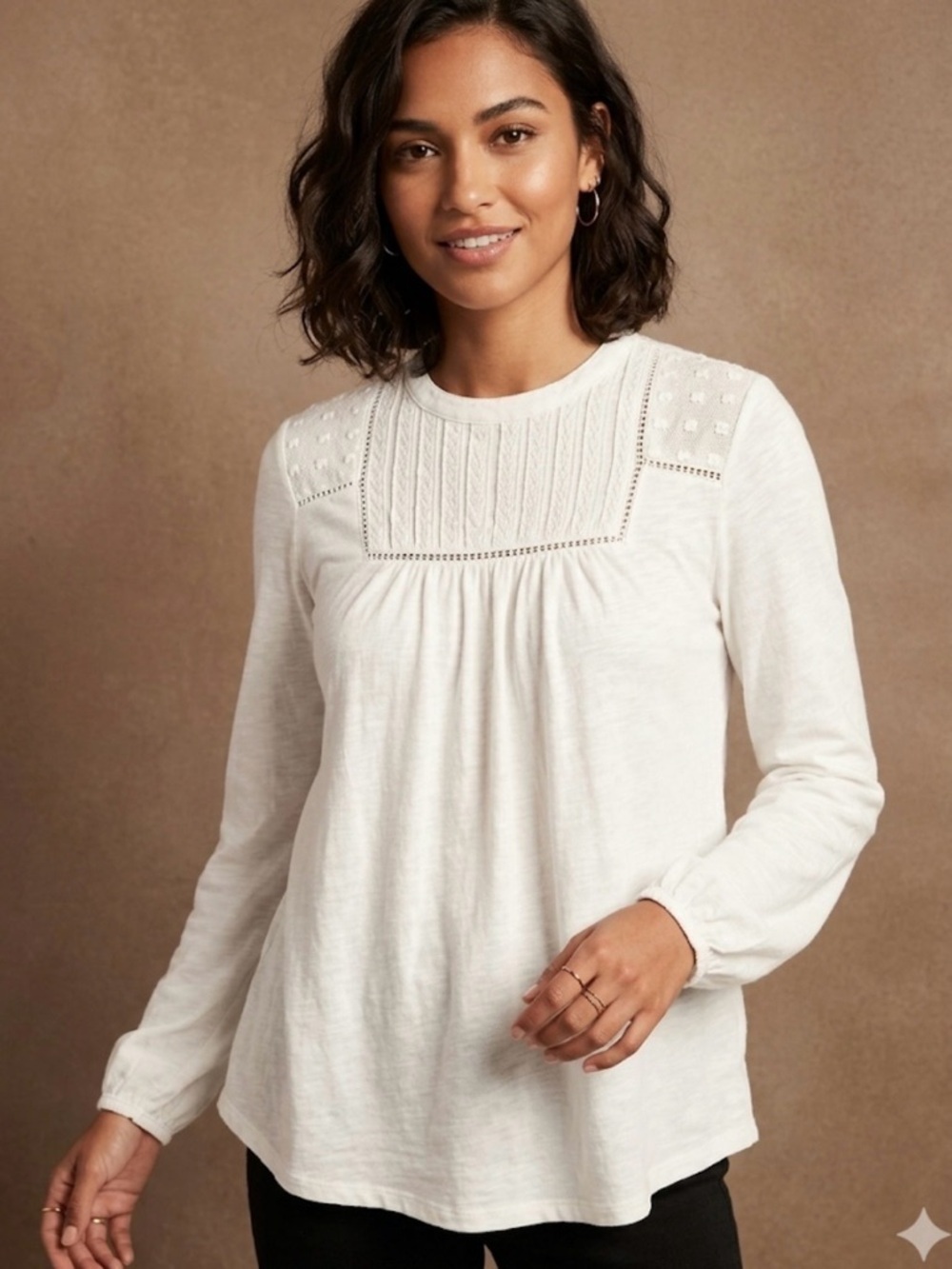 Lucky Brand white Lace-Yoke Long Sleeve Top size XS